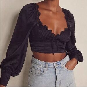 NWT For Love and Lemons Liz Black Lace Bustier Long Sleeve Crop Top XS